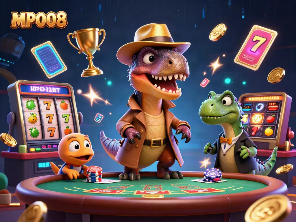 MPO08 velociraptor card counter at blackjack table with casino elements flying, vibrant and playful.