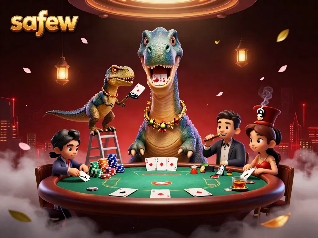 Join "safew" in a vibrant casino scene with animated characters at a poker table, enhancing excitement.