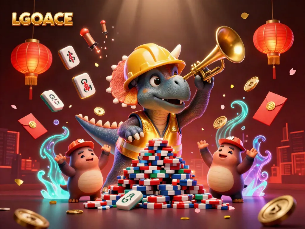 LGOACE celebrating with a cartoon triceratops, poker chips, and vibrant game elements in a dynamic scene