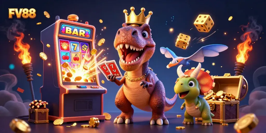 Experience casino fun with FV88: T-Rex card shuffling, golden coin explosions, and vibrant gaming elements.
