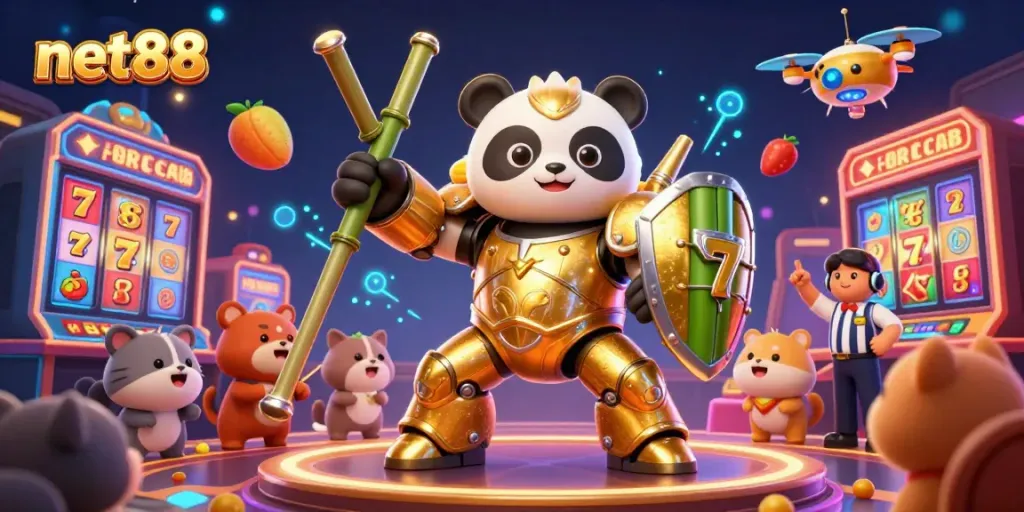 Experience exciting slot battles with net88's golden panda mech piloting in a lively casino.