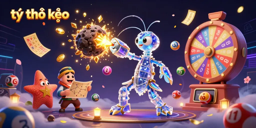 Engage with tỷ lệ kèo as a galactic samurai mantis shrimp battles through an explosion of coins amidst colorful lottery elements.