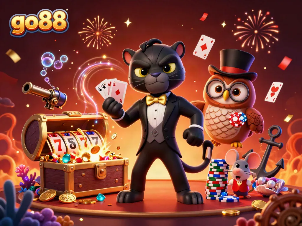 Experience thrilling go88 gaming with a stylish panther dealer and friends in a dynamic casino scene.