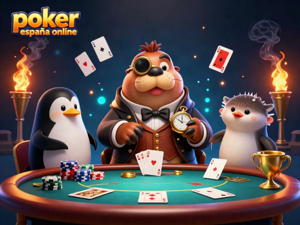 Participa en póker España online con una ilustración de un walrus elegante, un dealer pingüino y un pez globo.