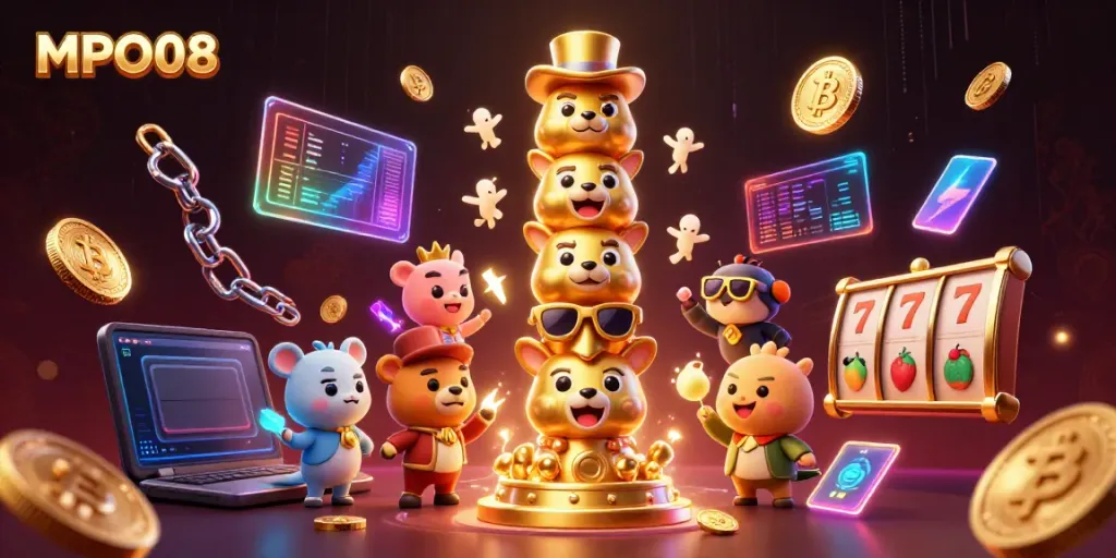 Engage with MPO08's thrilling slots featuring vibrant 3D totem elements and shining crypto coins.