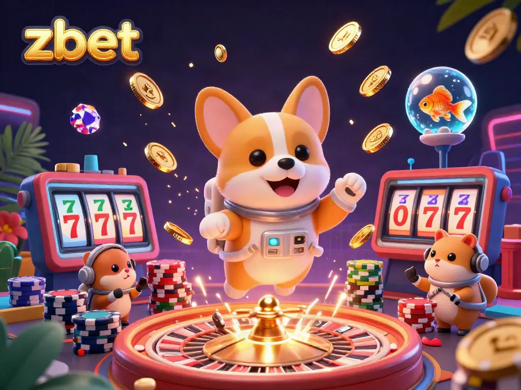 Zbet casino scene featuring a floating corgi, golden coins, and vibrant gaming elements, creating an energetic atmosphere.