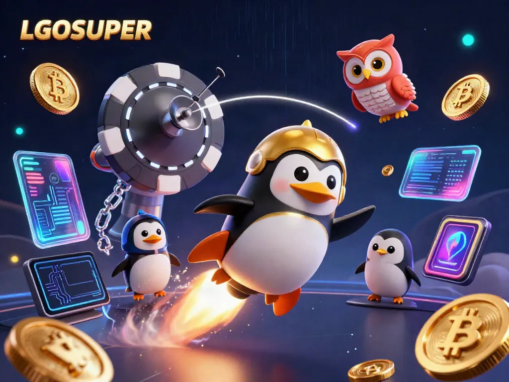 Experience the excitement as the LGOSUPER golden penguin rockets through space, showcasing thrilling casino games.