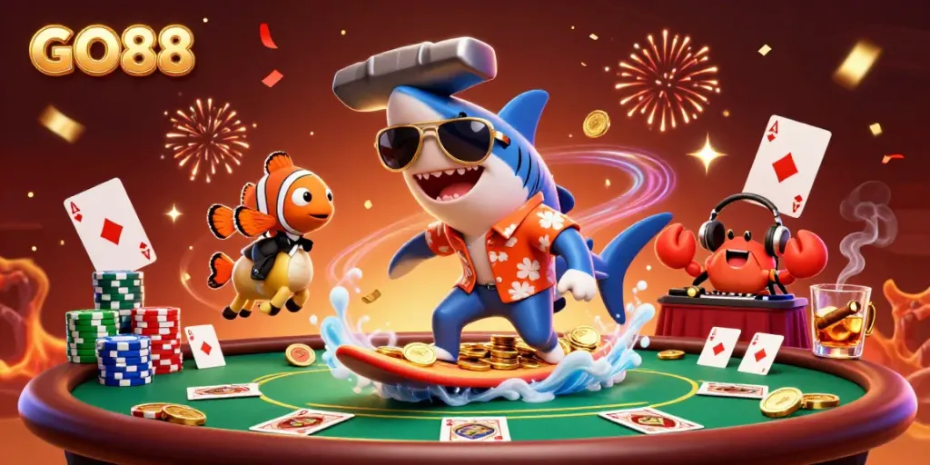Engage with GO88's 3D cartoon scene featuring a shark surfing gold coins, poker elements, and vibrant celebrations.