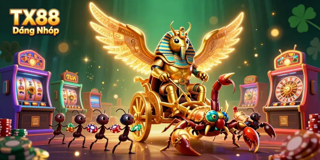 Play and win with TX88 Đăng Nhập through an exciting casino adventure featuring a golden scarab beetle.