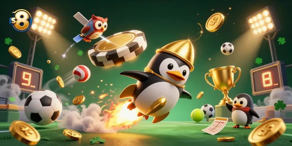 Experience gaming excitement with s8, where a golden penguin and sports elements clash in a vibrant casino universe.