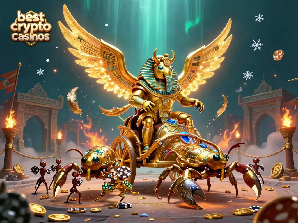 Experience the excitement of the best crypto casinos with a vibrant scene featuring a golden scarab beetle and scorpions.