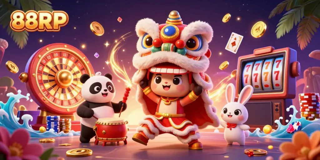 Experience the vibrant energy of 88RP with a lion dance, roaring casino elements and festive characters.