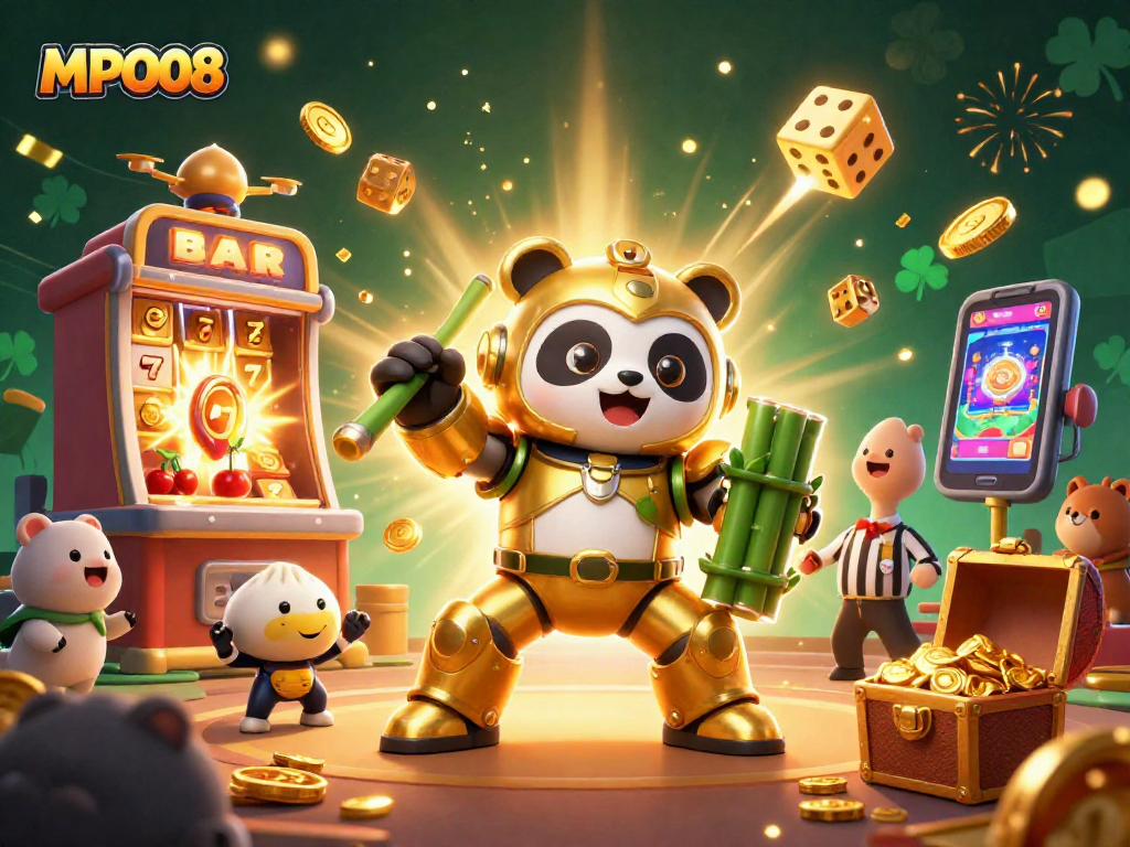 MPO08 offers vibrant casino fun, featuring a golden panda and slot machines bursting with rewards.
