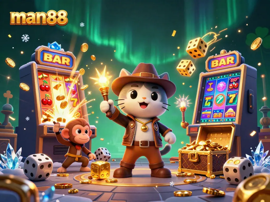 Engage with man88's thrilling casino adventure featuring an explorer cat discovering jackpots.