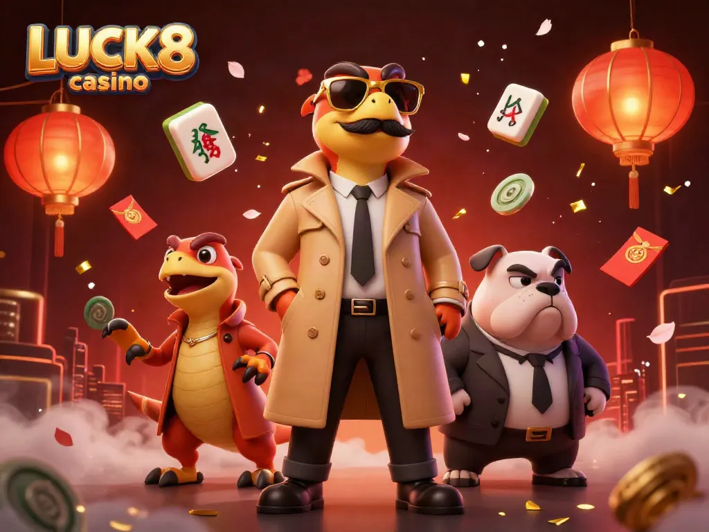 Enter the exclusive LUCK8 casino with raptors in trench coats amid festive gambling elements.