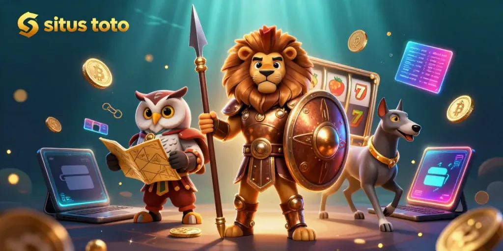 Experience situs toto with a vibrant illustration showing a Spartan lion, an owl, and a greyhound among slot elements.