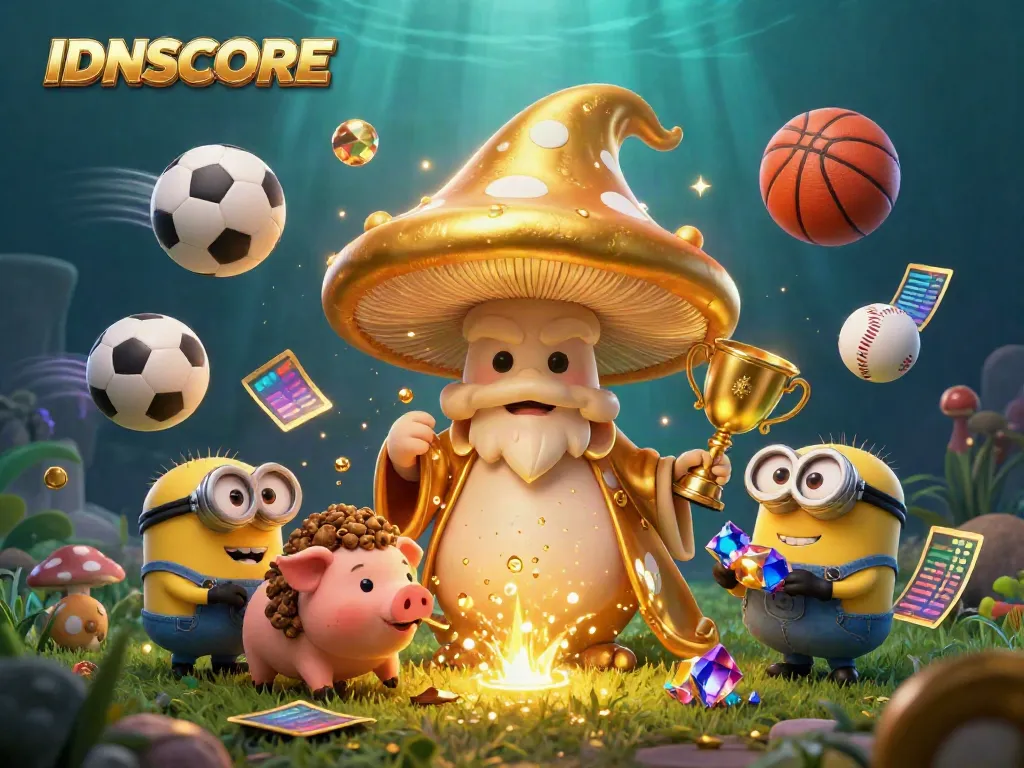 Experience thrilling sports betting with IDNSCORE's dynamic 3D illustration featuring magical elements.