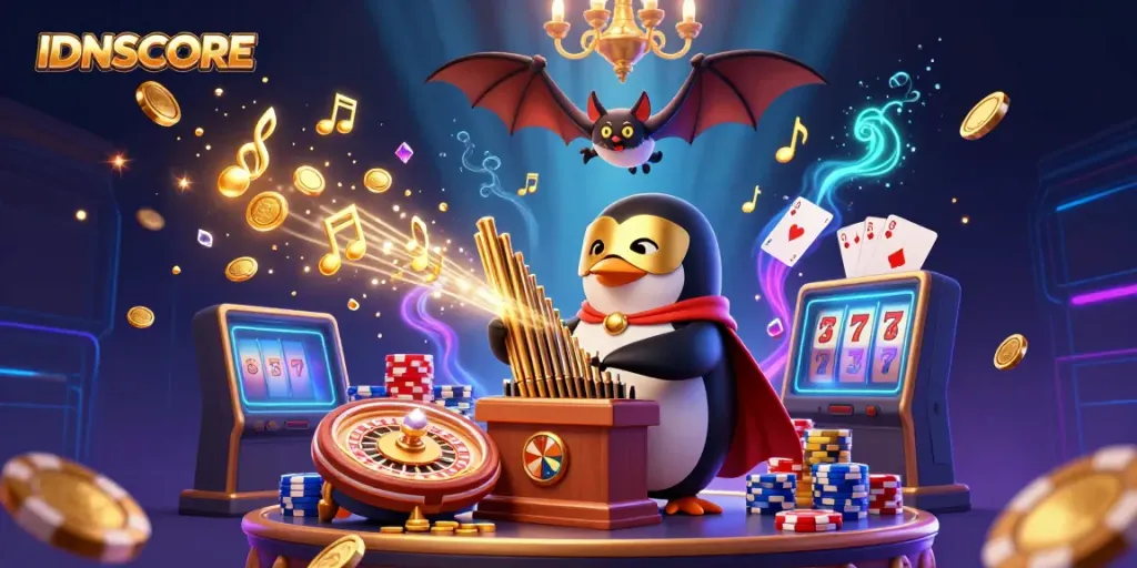 Experience the thrill of IDNSCORE with golden coins cascading around a phantom penguin playing a grand organ.
