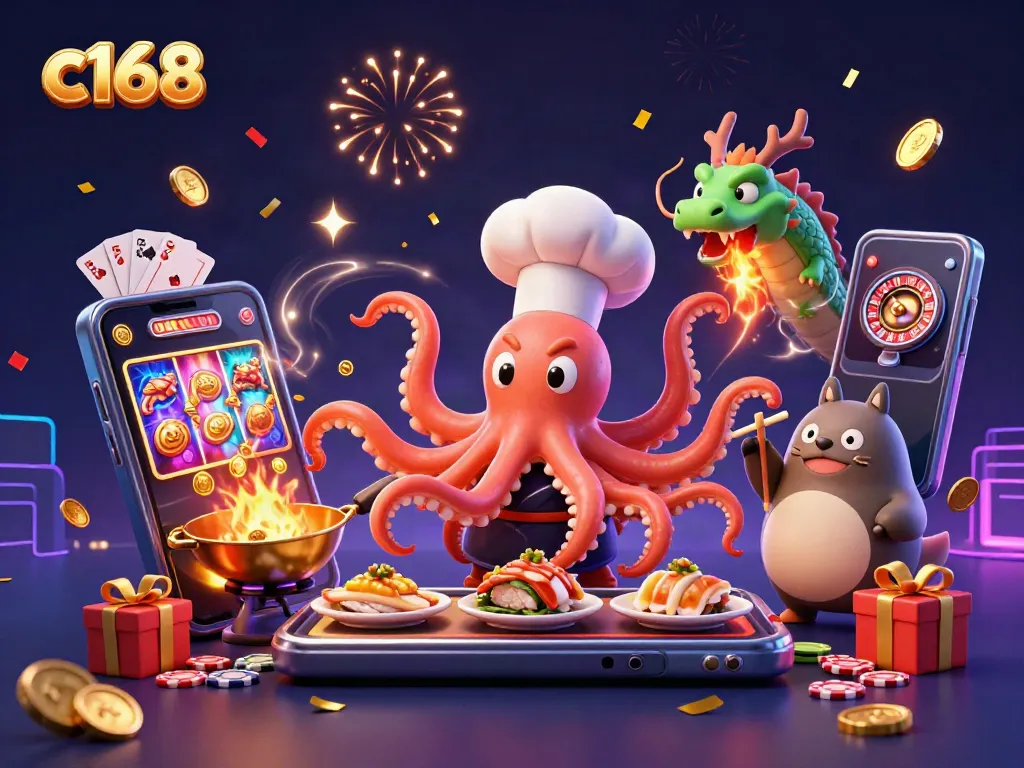 Engage with c168 as a sushi chef octopus and dragon animate a vibrant casino scene with dynamic gaming elements.
