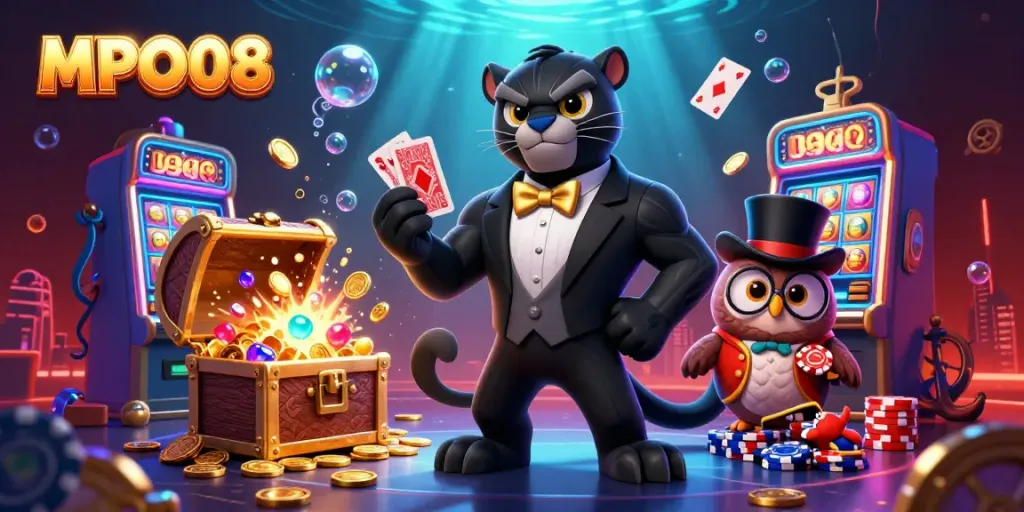 Experience the excitement of MPO08 with a stylish panther dealing cards, surrounded by vibrant casino elements and characters.