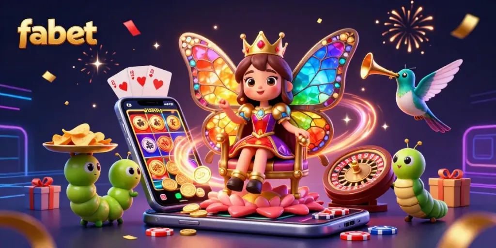 Experience fabet's thrilling slots with a vivid butterfly queen amid dazzling game elements.