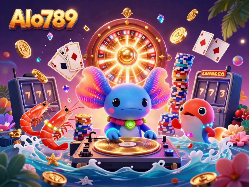 Alo789 engages players with a lively 3D scene featuring an axolotl DJ, shrimp dancers, and vibrant casino elements.