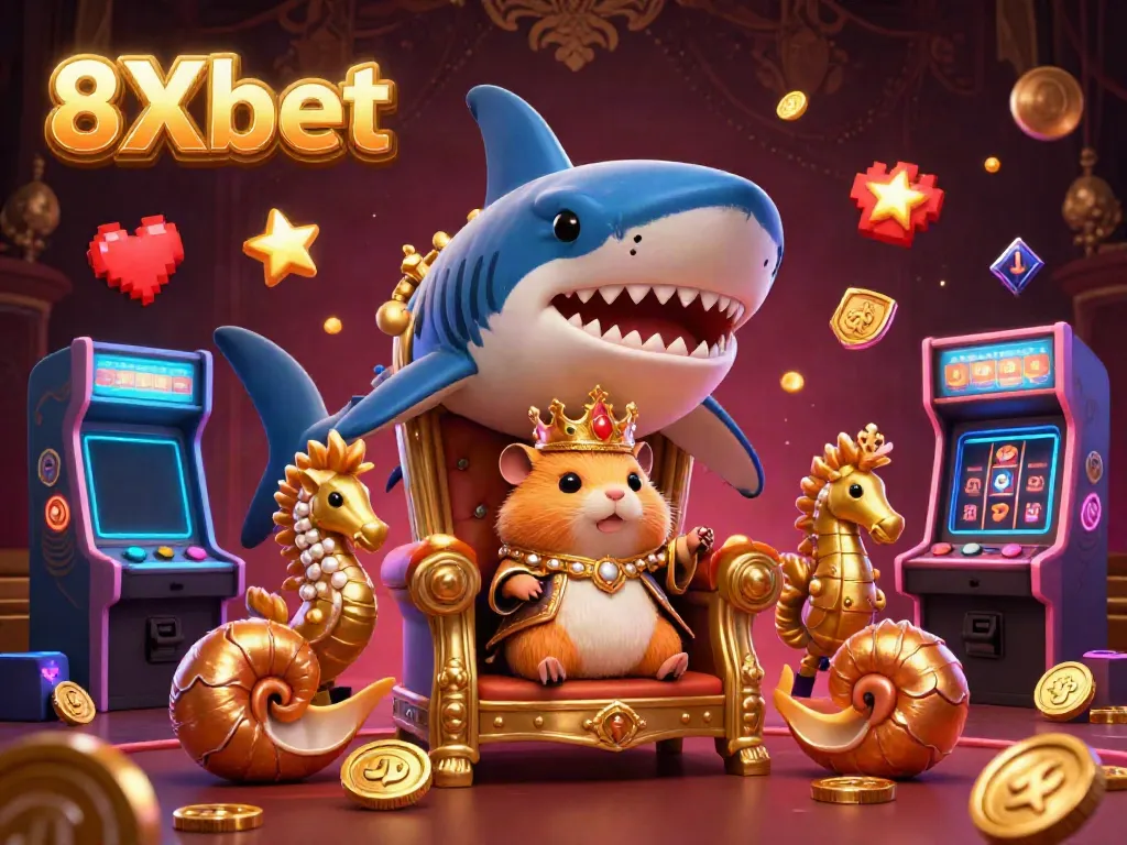 Experience thrilling 8Xbet adventures with a hamster king and dazzling casino elements amidst vibrant game visuals.