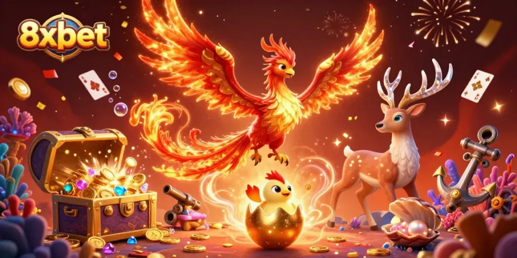 Experience the excitement of 8xbet with a vibrant casino-themed 3D illustration featuring a phoenix and treasures.