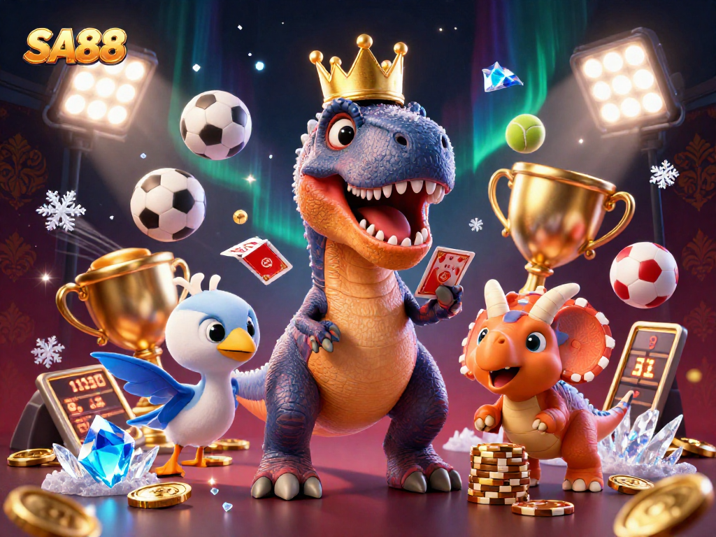Experience SA88 with a T-Rex shuffling cards, a triceratops stacking chips, and sports elements around