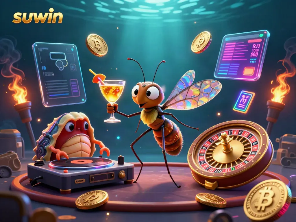 Experience dynamic gameplay with suwin's frozen mosquito mascot and a trilobite DJ amidst a vibrant casino scene.