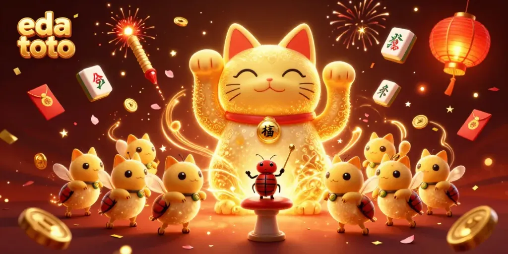 Experience the excitement of eda toto with a vibrant casino-themed illustration featuring a lucky cat, fireflies, and festive symbols.