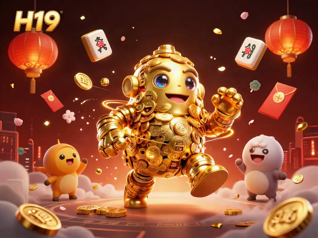 Experience H19's vibrant gaming universe with a dynamic golden golem surrounded by festive gaming elements.