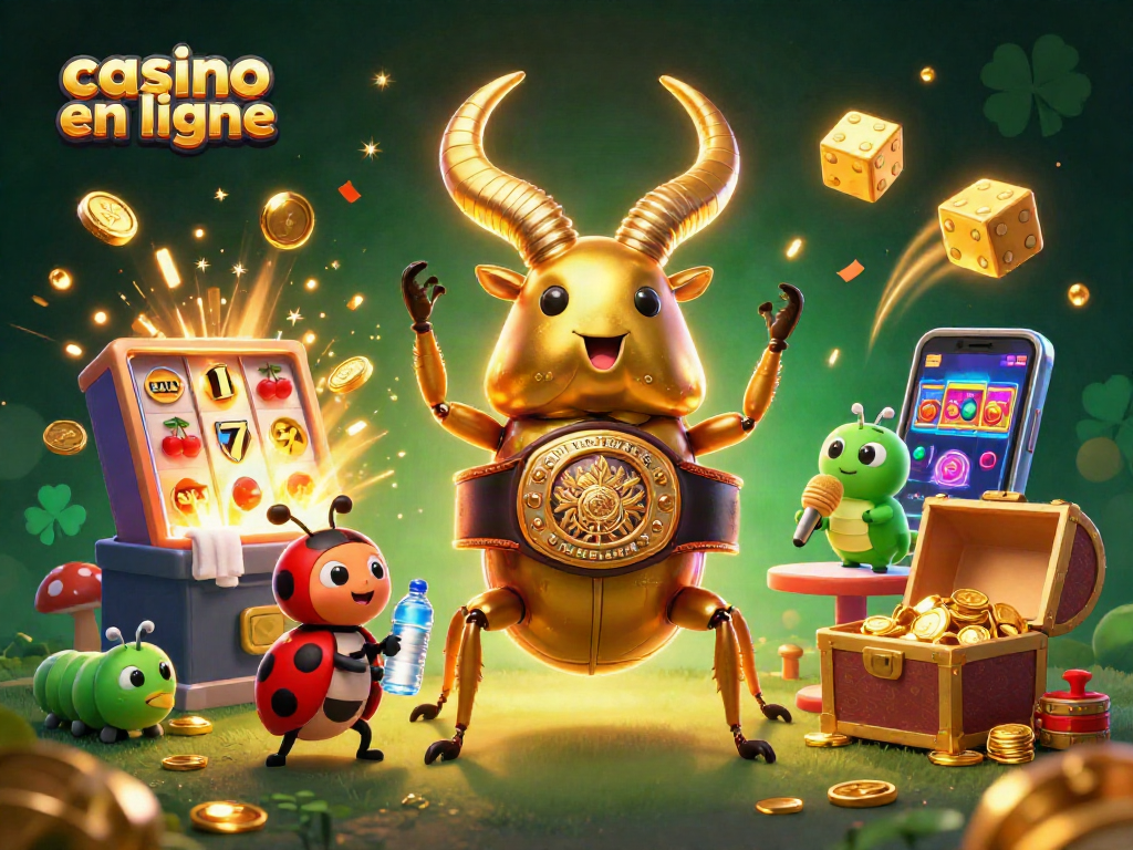 Vivez l'aventure de casino en ligne avec un combat palpitant entre un scarabée géant et des éléments de jeu scintillants.