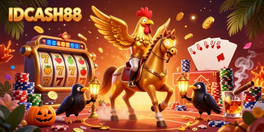 Experience thrilling gameplay at IDCASH88: a golden rooster in a casino scene filled with vibrant slot reels and lively characters.
