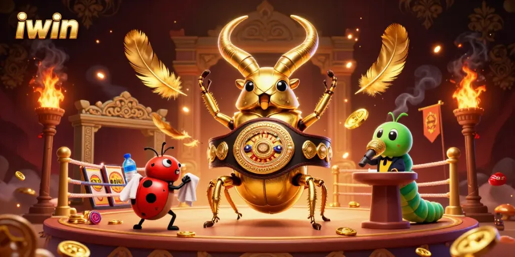 Engage with iwin's gaming thrill through a colorful, vibrant 3D casino battle illustration.