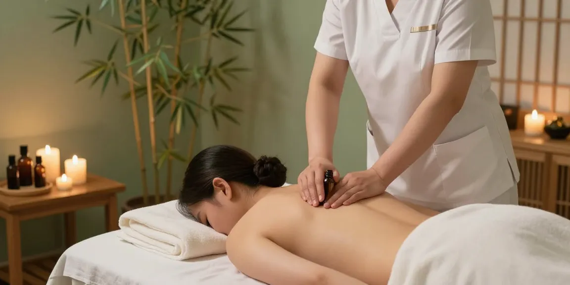 Professional therapist providing 하남출장안마 in a calming massage room with essential oils.