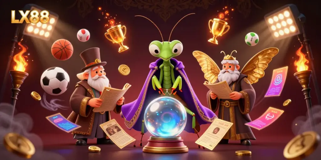 Engaging gambling scene featuring LX88 with fortune teller, moth librarian, and dynamic sports elements.
