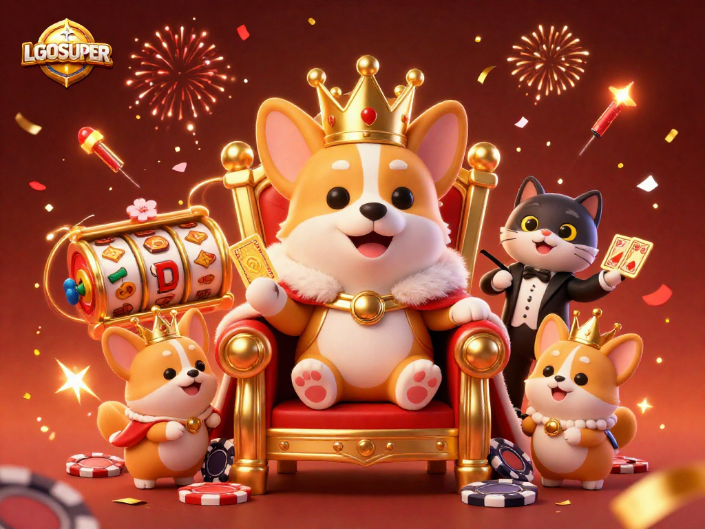 Experience the excitement of LGOSUPER with a royal corgi surrounded by festive slot game elements.