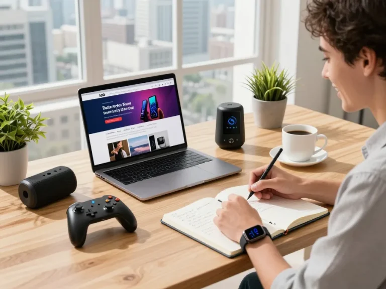 Explore affordable tech gadgets in a modern workspace with a user testing various devices and gadgets.