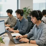 客户支持团队在现代办公室使用易翻译下载进行实时翻译