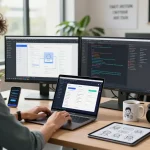 Developer coding the Myfairplay app in a modern office setup.