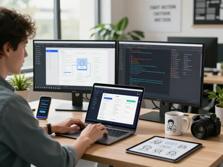 Developer coding the Myfairplay app in a modern office setup.