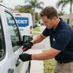 Hobe Sound locksmith services technician unlocking a car door in a residential setting.