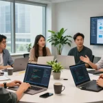 Team collaborating in a modern office, showcasing a leading web development company in Malaysia with coding software on screens.