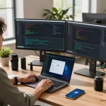 快连 VPN software integration in a modern tech workspace with a developer coding and vibrant tech gadgets.