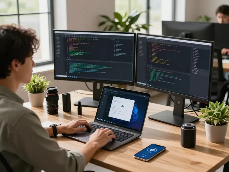 快连 VPN software integration in a modern tech workspace with a developer coding and vibrant tech gadgets.