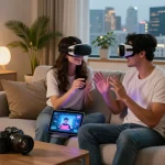 Couple exploring AI sex technology in a cozy modern living room, surrounded by futuristic gadgets.