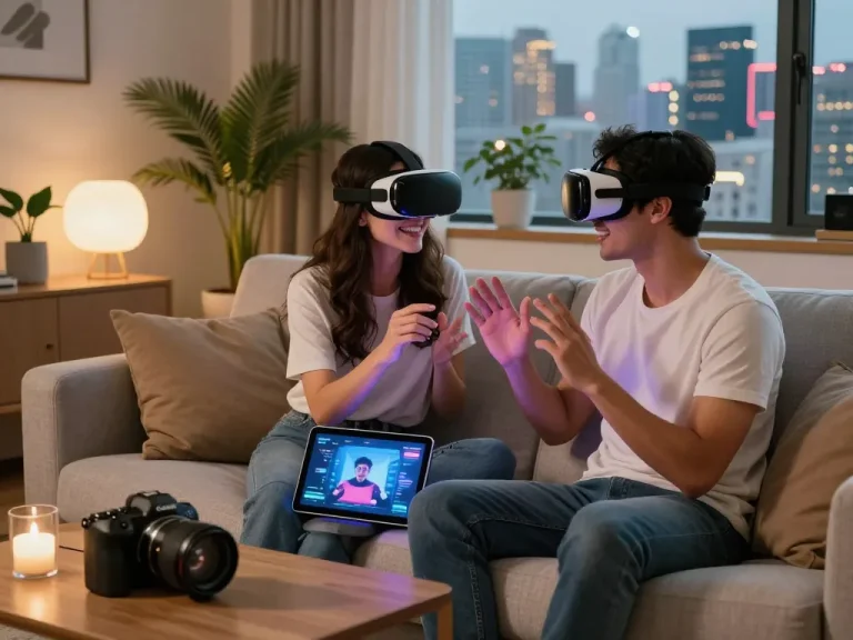 Couple exploring AI sex technology in a cozy modern living room, surrounded by futuristic gadgets.
