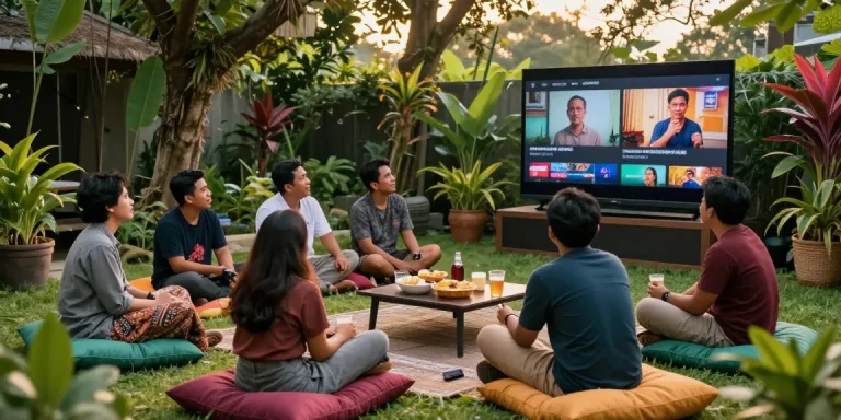 Friends enjoying bokep indonesia gratis videos in a vibrant Indonesian garden setting, showcasing social interaction and cultural vibe.