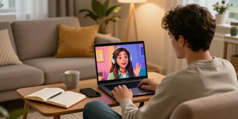 Engaging with an AI girlfriend on a laptop in a cozy living room.
